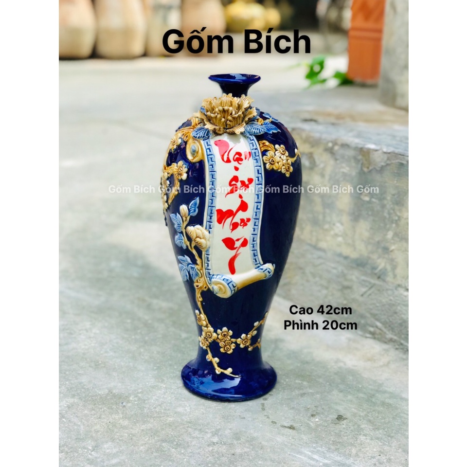 Mai Bình Tích Lộc Cuốn Thư Viết Chữ Vạn Sự Như Ý Đắp Nổi Cao 42cm Gốm Sứ Bát Tràng - Gốm Bích