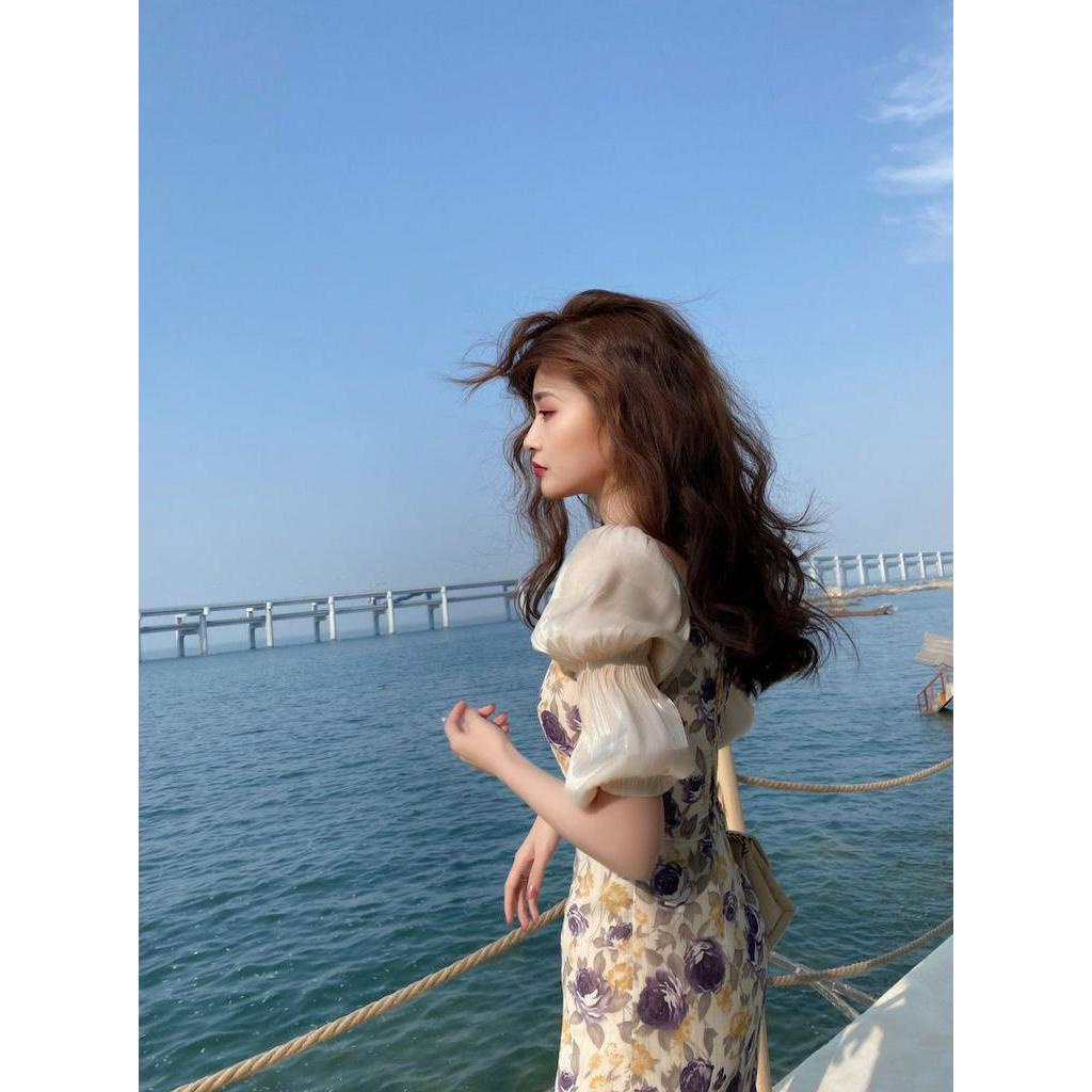 Đầm chữ A tay phồng dáng ôm in hoa thời trang cổ điển cho nữ