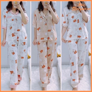 Bộ Pyjama Tay Ngắn Quần Dài Chất Lụa Mango Mịn Mát Gấu Xinh Awi Sleepwear