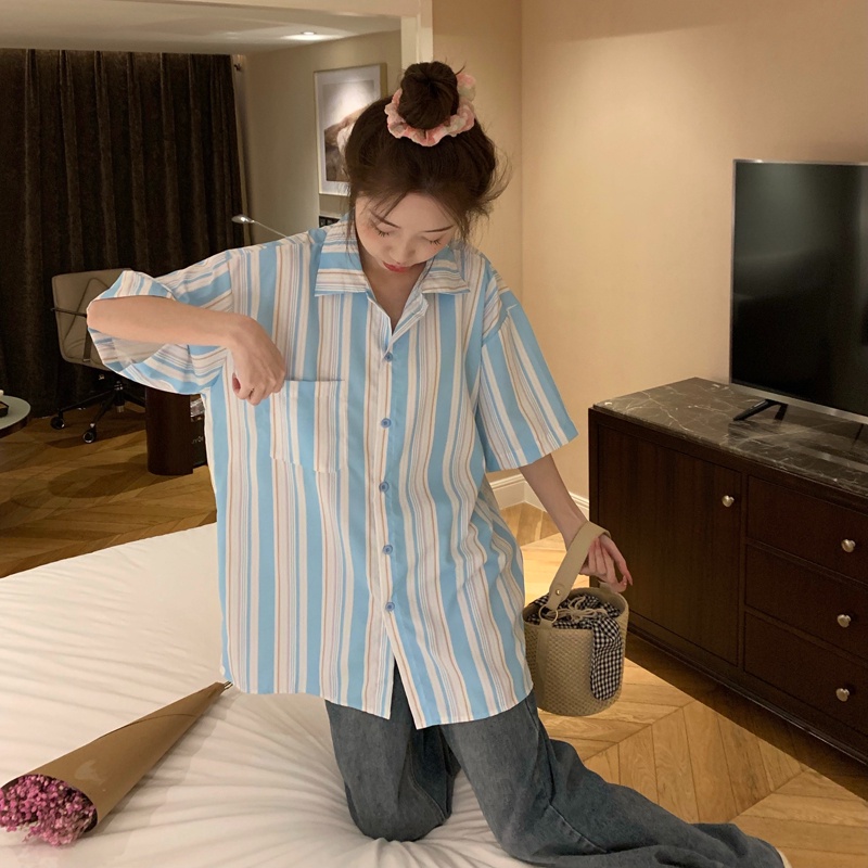 【ZHELIHANGFEI】Áo Sơ Mi Tay Ngắn Họa Tiết Sọc Theo Phong Cách Preppy Dễ Phối Đồ