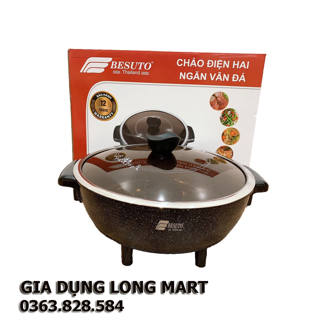 Nồi Lẩu Điện Đa Năng Besuto - BST 042, Chảo Lẩu Điện 2 Ngăn Vân Đá Siêu Bền, Bảo Hành 12 Tháng
