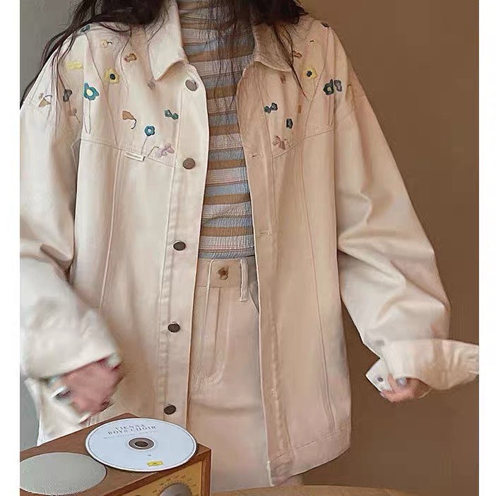 Áo khoác jean hoa nhí phong cách Hàn Quốc màu be order taobao ulzzang KURI.ORD