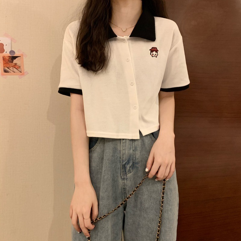 Áo thun polo ZHELIHANGFEI dệt kim ngắn tay phối nút chéo xinh xắn