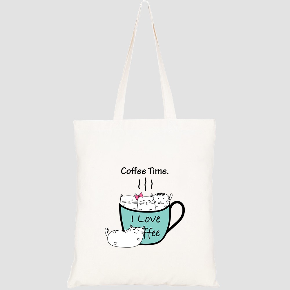 Túi vải tote canvas HTFashion in hình cute cats cup coffee time HT174