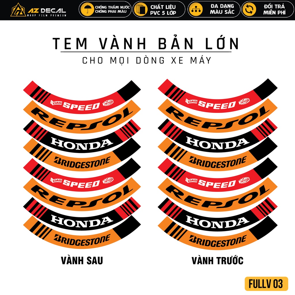 Decal Dán Mâm Xe Máy Honda Mẫu Repsol | FullV03 | Tem Dán Vành Xe Máy AirBlade AB Winner X Winner 150 SH Vision