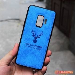 Ốp Lưng Samsung S9 Vân Da Khắc Hình Nai Viền Chỉ màu xanh