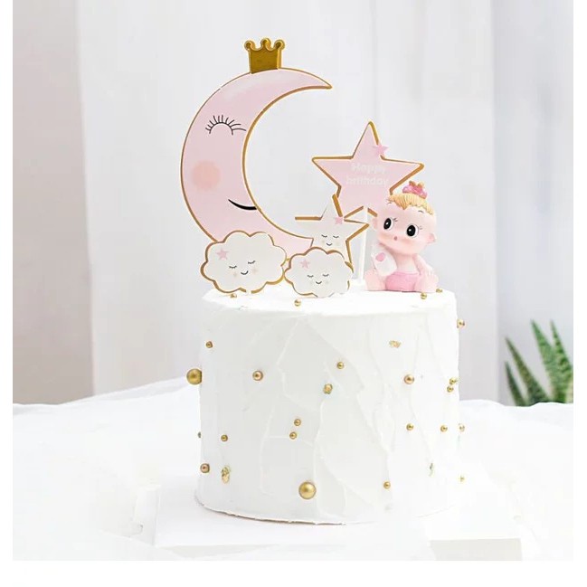 Phụ kiện trang trí bánh sinh nhật bánh kem - SET THẺ CẮM GIẤY TRĂNG SAO MÂY - TCHH