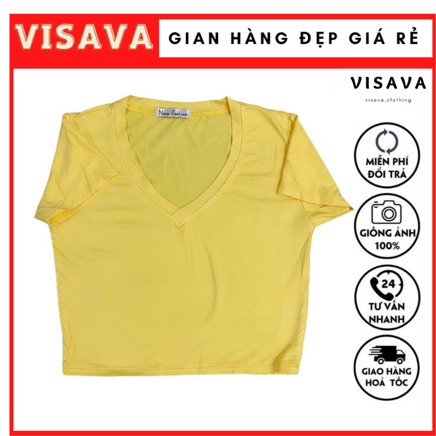 Áo croptop nữ visava chất cotton, áo cổ tim tay ngắn  kiểu ôm vải co giãn ACT85_VISAVA