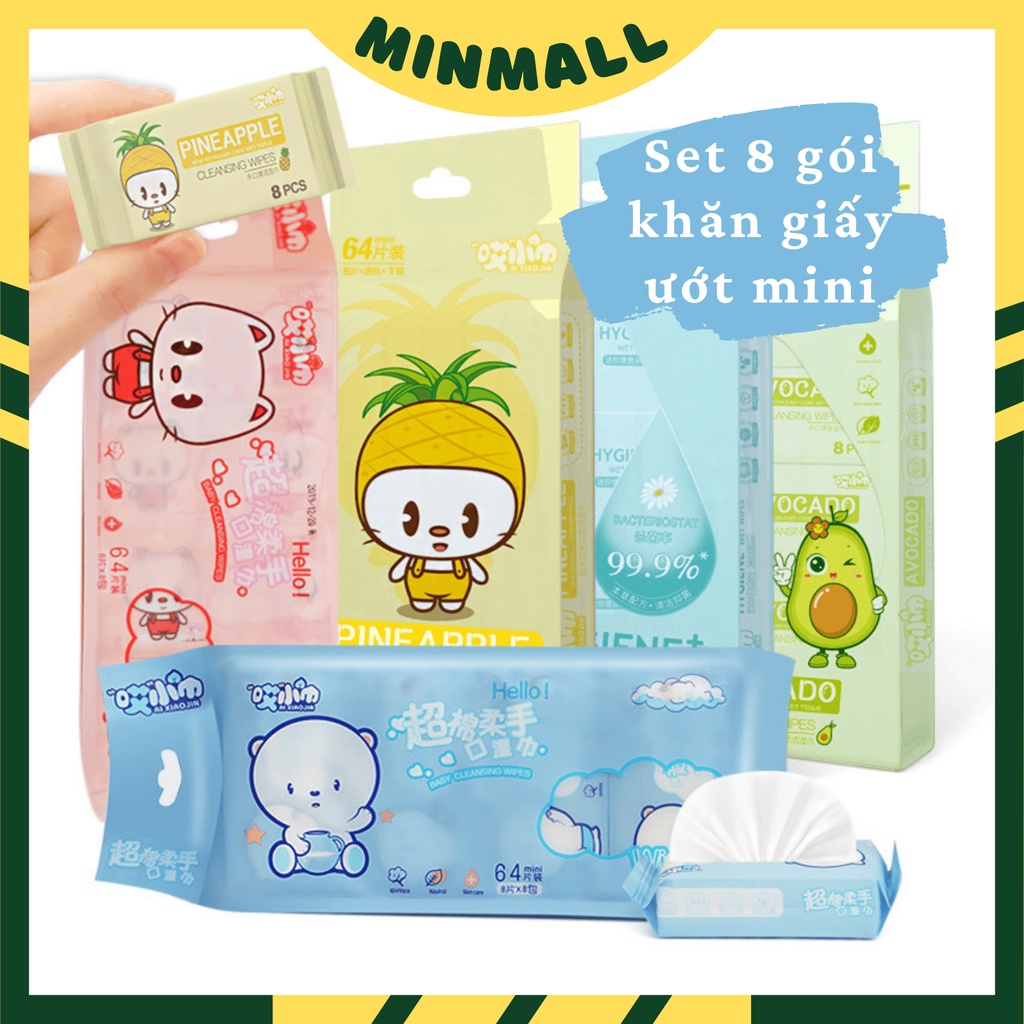 Set 8 gói Khăn giấy ướt mini, khăn ướt bỏ túi nhỏ gọn, tiện lợi, dễ dàng sử dụng