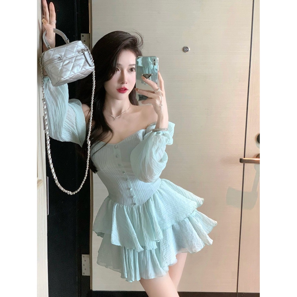 Đầm tay dài phồng bo eo thời trang thiết kế ngọt ngào phong cách mùa hè 2022 dành cho nữ