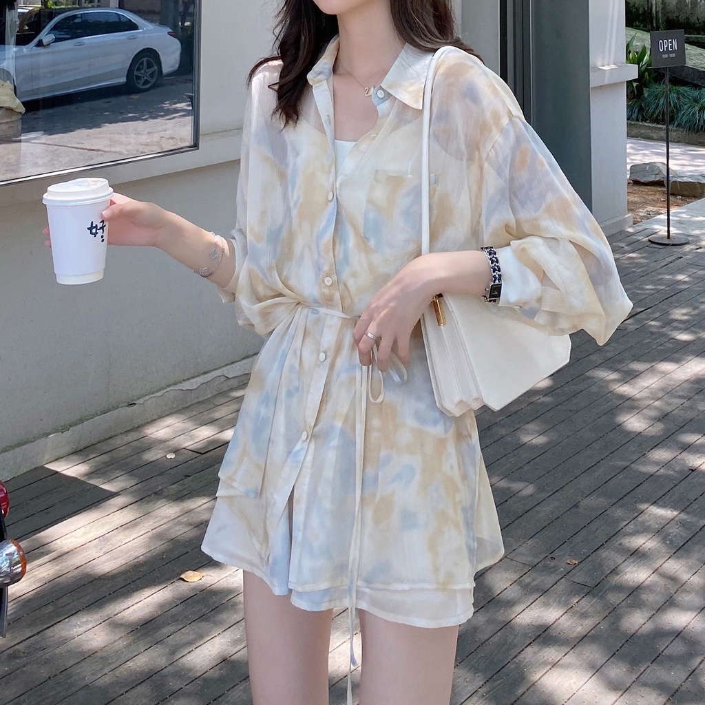 Bộ Áo Sơ Mi + Quần Short Ống Rộng Chống Nắng Phong Cách Hàn Quốc Thời Trang Mùa Hè 2022 Mới