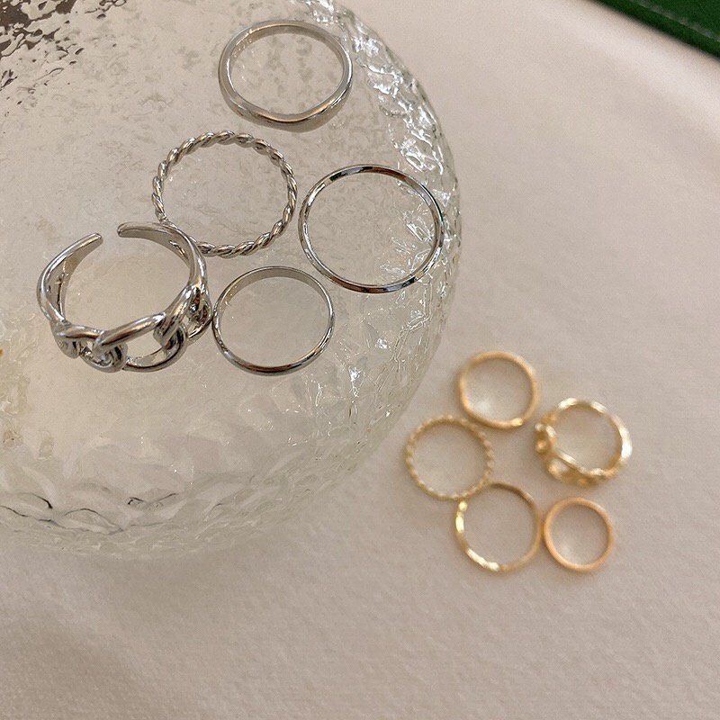 Set năm nhẫn kim loại màu trơn phong cách Retro thời trang đơn giản cá tính