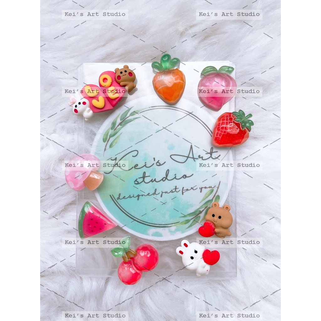 Charm trang trí toploader hình trái cây, charm gấu đôi, charm đào, nho, táo, thơm, dâu, dưa hấu, cherry,...