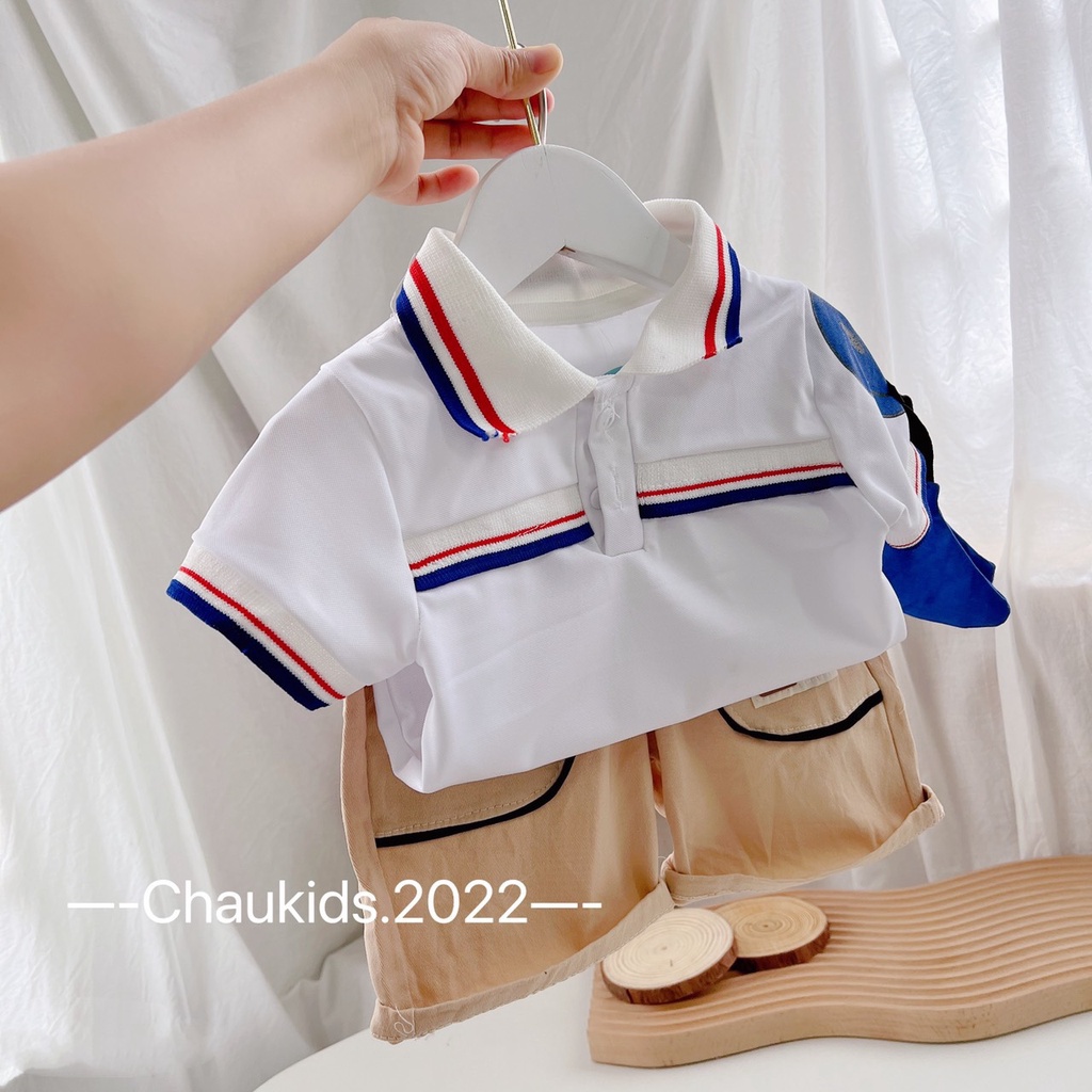 Bộ viền xanh đỏ thêu đắp mặt cười bé trai