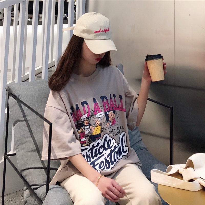 SUXI Áo thun tay ngắn cổ tròn hoạ tiết in phong cách Hàn Quốc