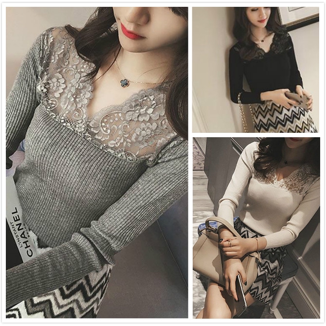 Áo kiểu dệt kim phối ren hoa cổ V quyến rũ cho nữ