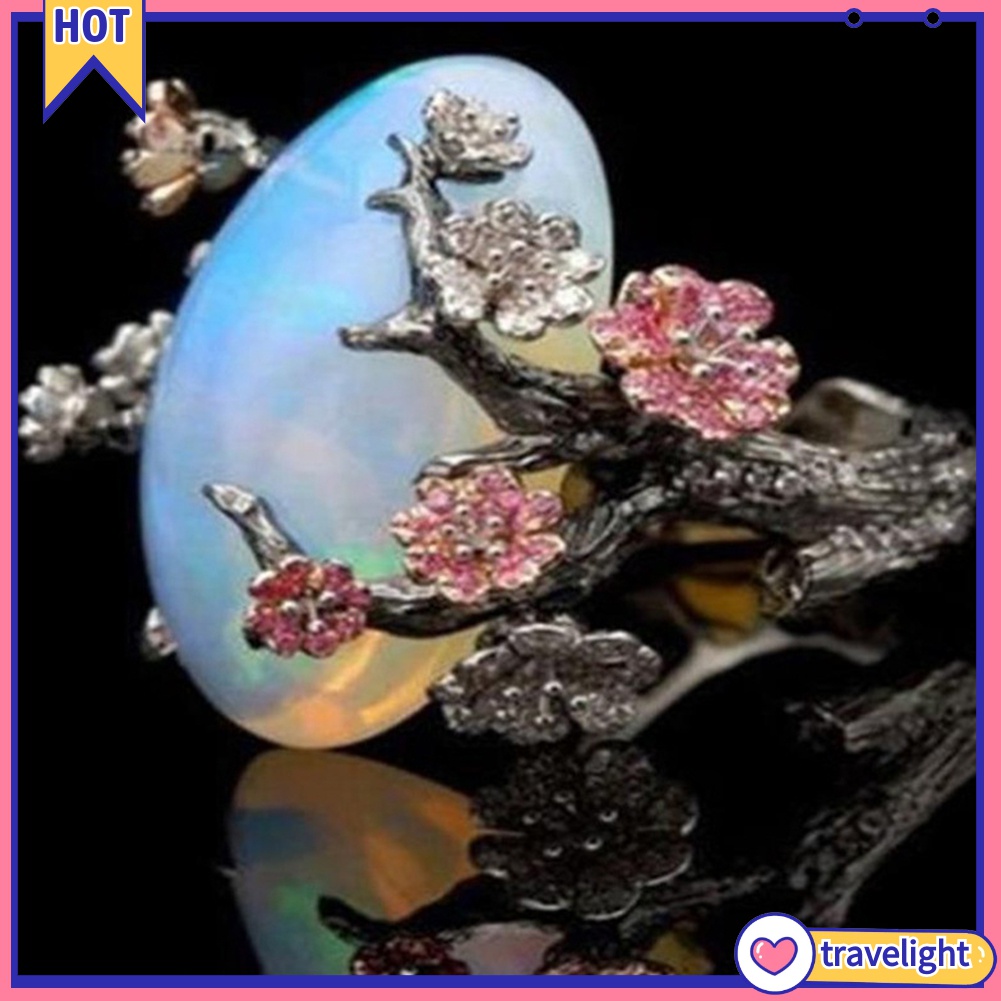(Travelight) Nhẫn Đính Đá Opal Nhân Tạo Hình Hoa Anh Đào Phong Cách Cổ Điển Dành Cho Nữ