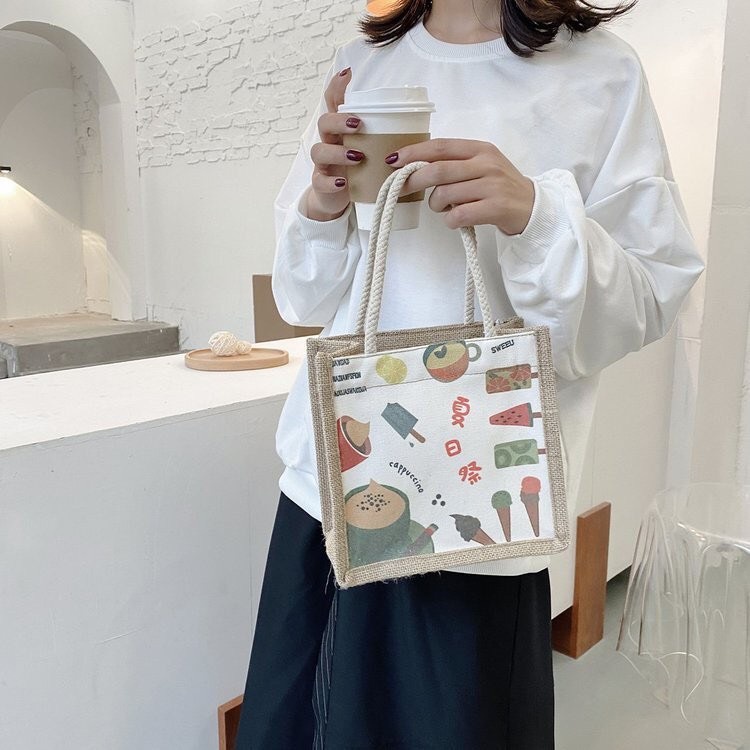 Túi cói cầm tay nhỏ gọn tiện lợi thời trang phong cách Vintage họa tiết xinh xắn