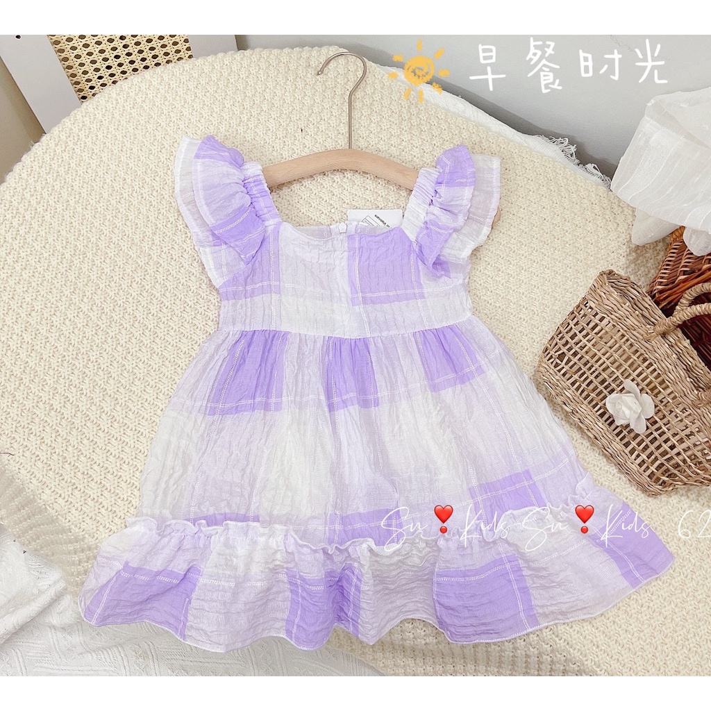 Váy xòe bé gái, váy bồng bềnh kẻ to chất tơ đũi mát mẻ cho bé