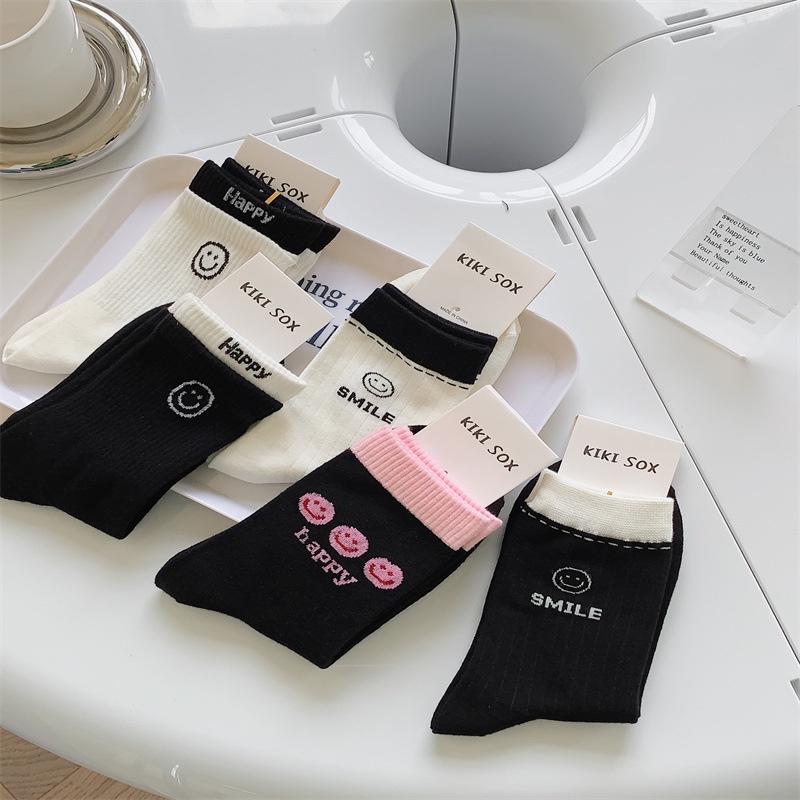 Vớ tất mặt cười happy viền cổ màu