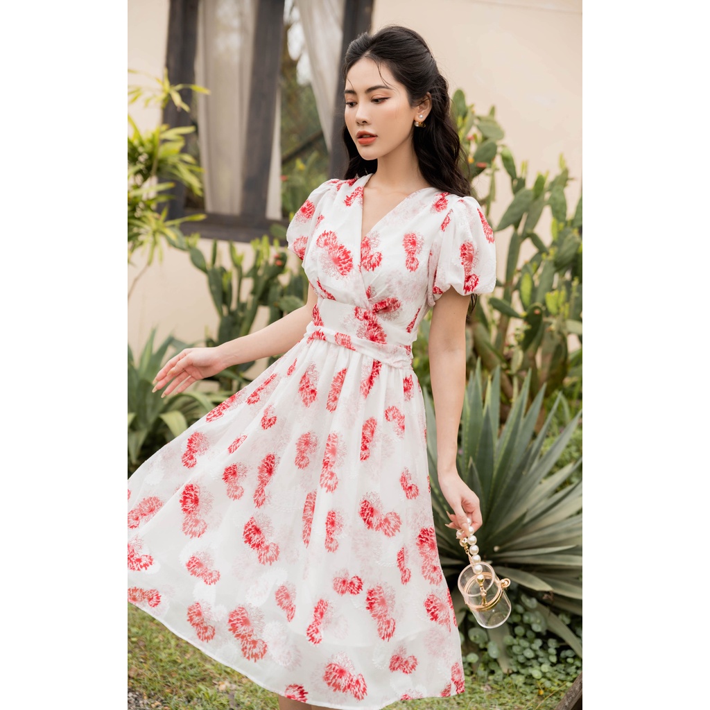 Váy đầm hoa nữ ngắn tay dáng dài cổ V tay bồng bo chun đai eo bản to có lớp lót lụa YAME