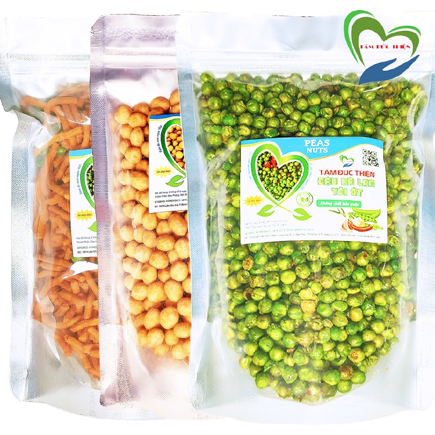 Combo 3 Túi Zip: đậu hà lan tỏi ớt 500gr đậu phộng da cá cốt dừa 500GR bim bim que hà lan 335GR Tâm Đức Thiện