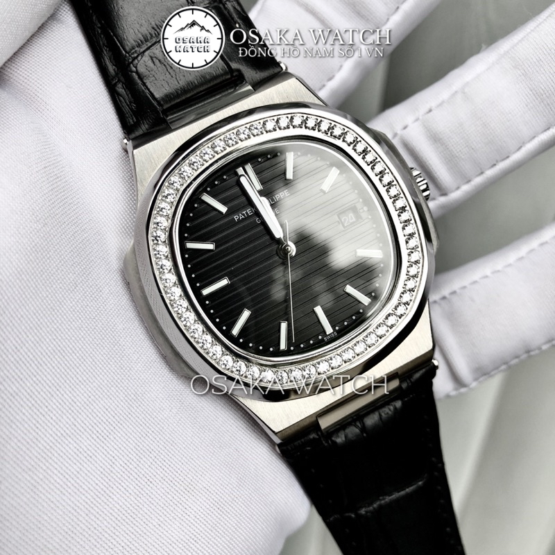 Đồng Hồ Nam Cơ Automatic PP Nautilus PT8168D Viền Kim Cương Dây Da Lịch Ngày Hàng Chuẩn Cao Cấp - Màu Đen