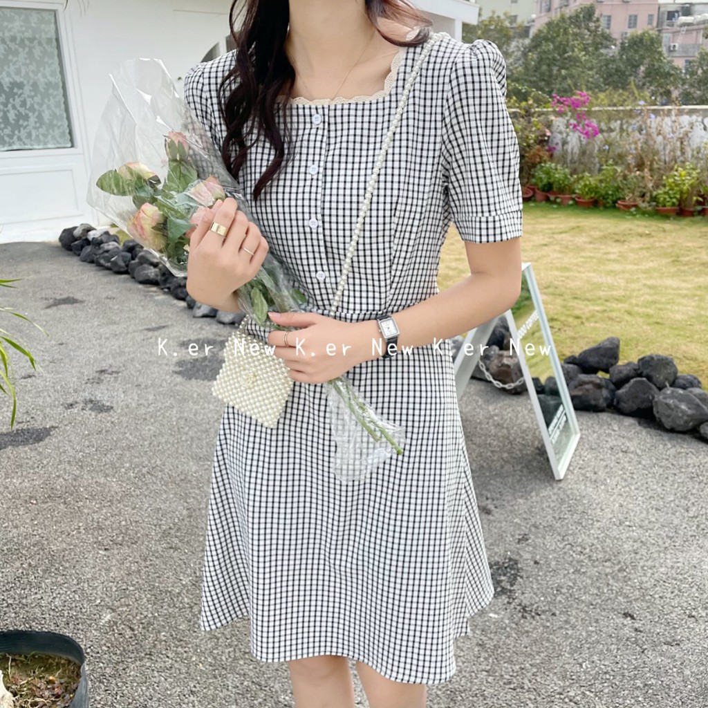Váy thô cổ vuông viền ren kẻ caro dáng ngắn VKE 1026 Ulzzang style 🌸 Hàng Quảng Châu