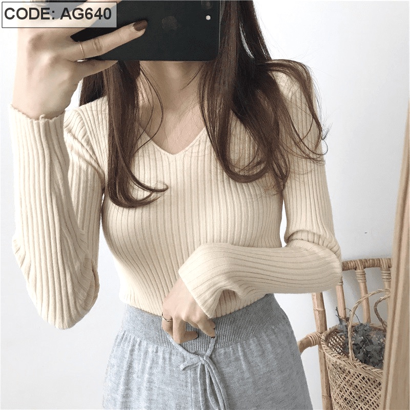 Áo Len Nữ cổ tim tay dài from áo ôm body nhiều màu