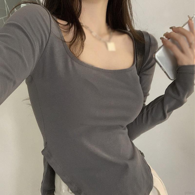 Áo Thun Tay Dài Cổ Thấp Màu Sắc Đơn Giản Phong Cách Hàn Quốc Thời Trang Cho Nữ