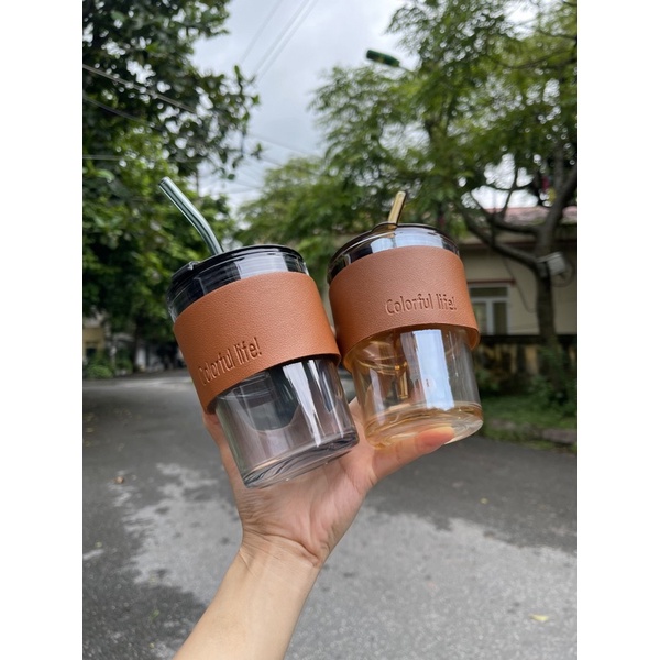 Cốc thuỷ tinh kèm Bao Da có Nắp và Ống hút tiện dụng ly thuỷ tinh dung tích 450ml uống nước cafe trà tiện dụng MinHome