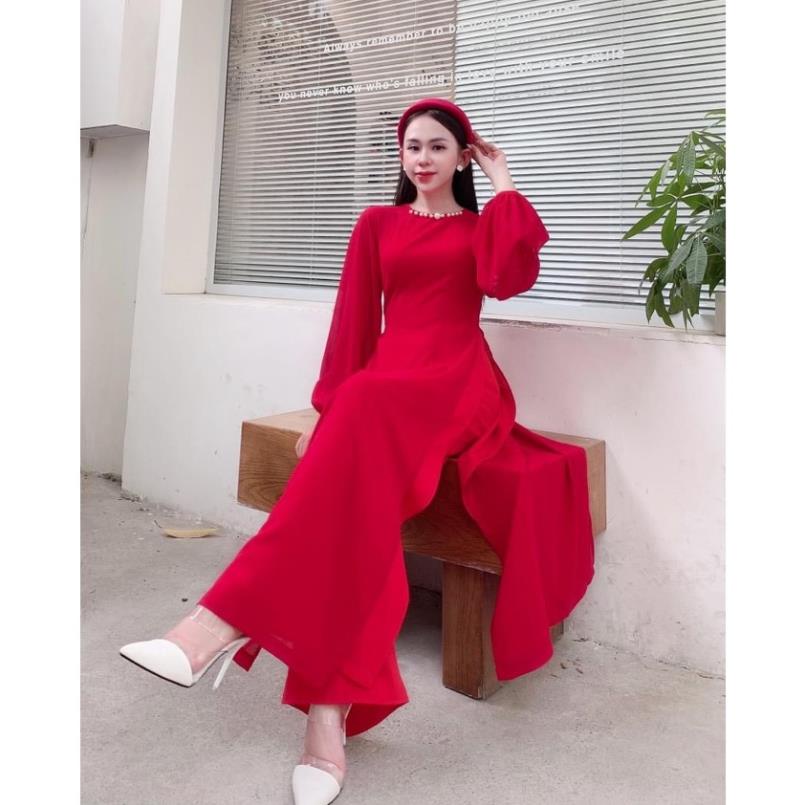 Áo dài may sẵn voon tơ trắng 4 tà thời trang