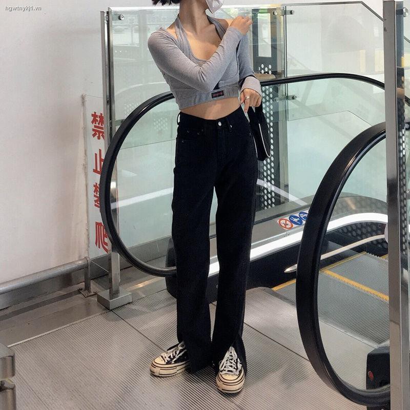 ❧☽❆Split straight leg micro flared jeans women retro Hong Kong style high waist thin loose wild wide-leg mopping trousers trend