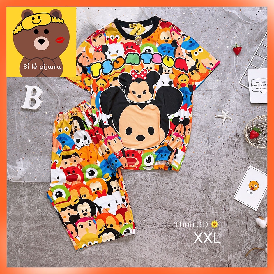 Đồ Bộ Pijama Thun Lạnh 3D Cao Cấp Tay Ngắn Quần Lửng XXL 60-80KG Họa Tiết Hoạt Hình Dễ Thương