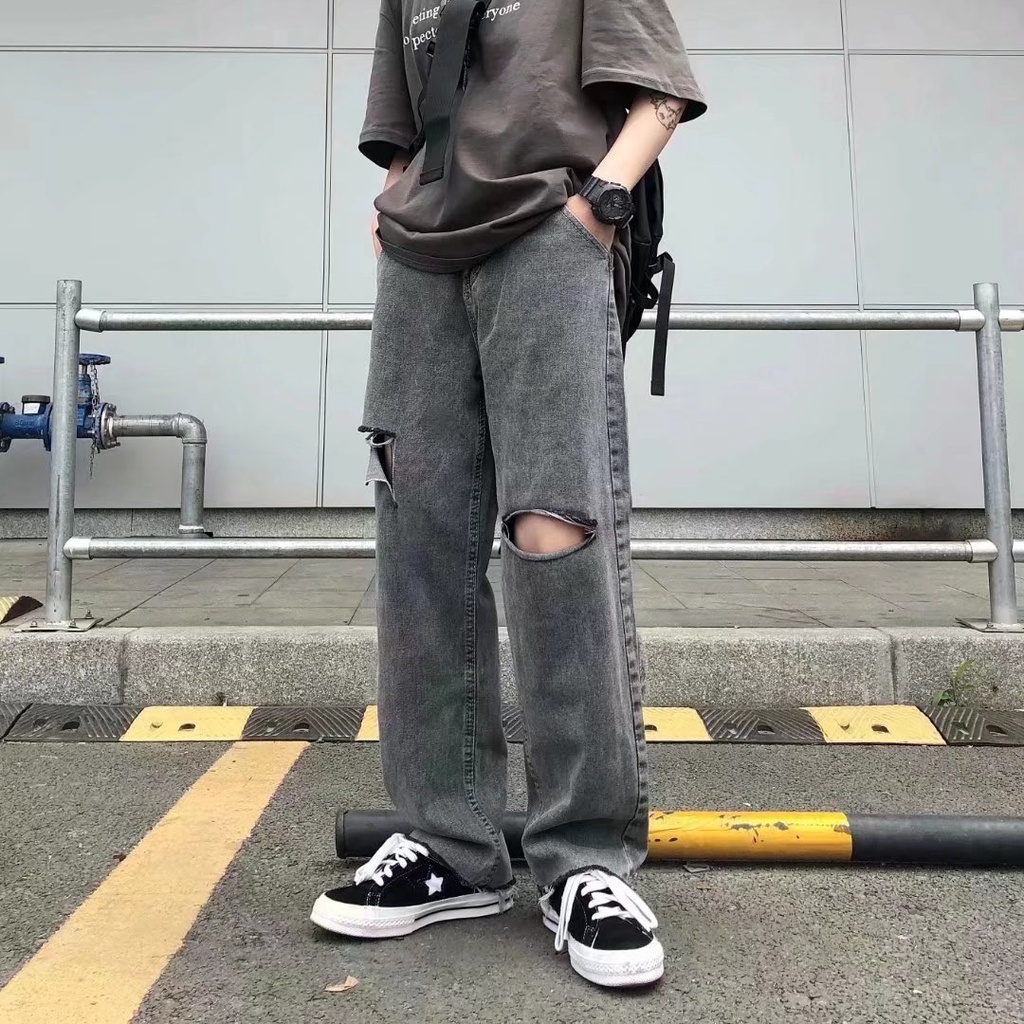 Quần jean dành cho nam ống rộng màu đen phối rách phong cách hip hop đường phố Mỹ thời trang mùa hè kích thước S-3Xl