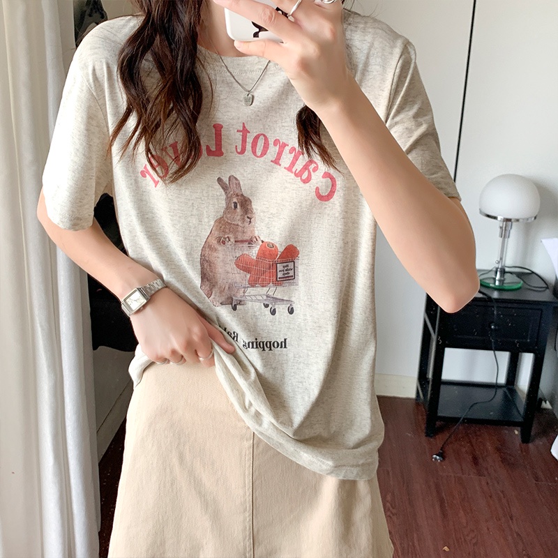 Áo Thun Cotton Xám Nguyên Chất Ngắn Tay In Hoạt Hình Thời Trang Mùa Hè Năng Động 51476