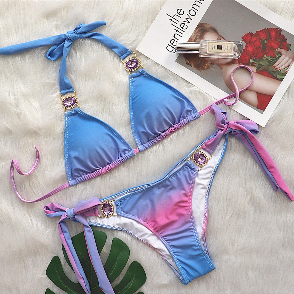 [BKN1362] &lt;ÂU&gt; SET BIKINI TRIANGLE OMBRE MIX ĐÁ HỒNG XANH 3 MÀU (CHUN MÔNG)