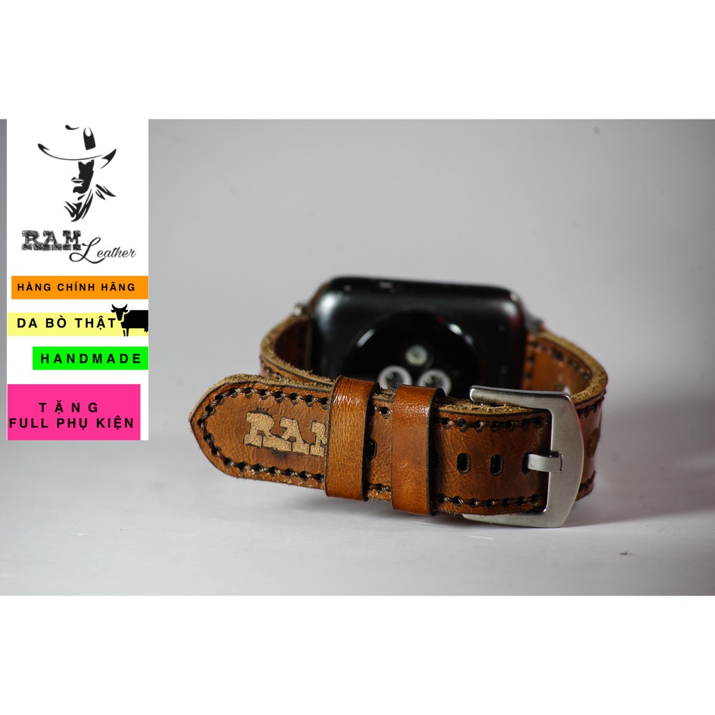 Dây đồng hồ da bò cao cấp nâu đỏ kiểu thoáng khí RAM Leather d3 cực đẹp - tặng khóa chốt và cây thay dây