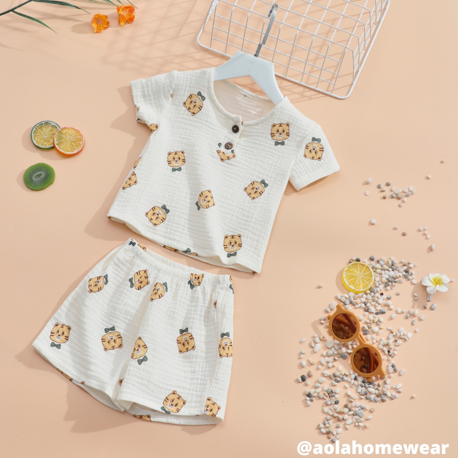 Bộ hè bé trai xô muslin mềm mát, bộ cộc tay bé trai hình gấu Áo Lá Homewear MUCT22