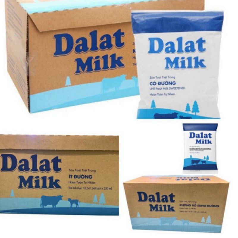 Thùng 48 Bịch Sữa Tươi Tiệt Trùng Ít đường/ có đường/ không đường Dalat milk 220ml