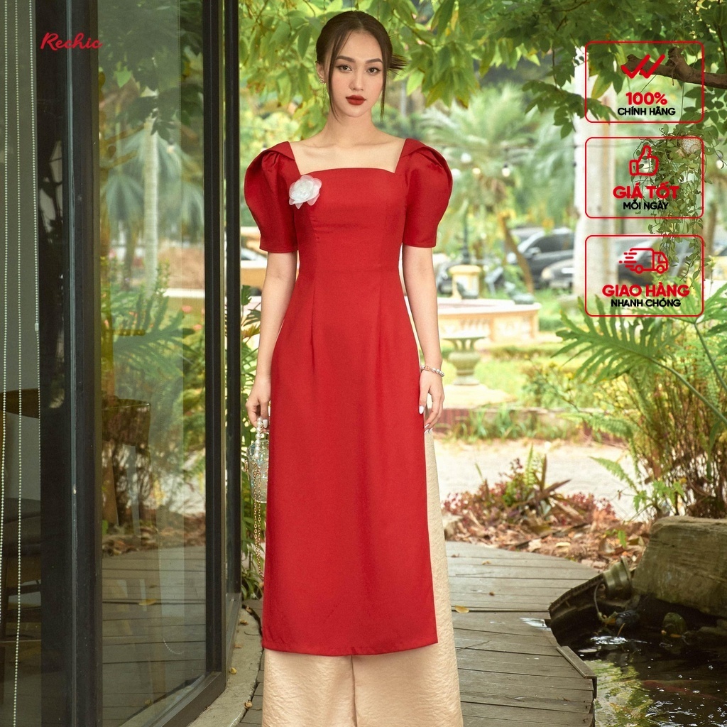 RECHIC Áo Dài Thục Đoan tay phồng cổ vuông (Không kèm quần và hoa cài áo)