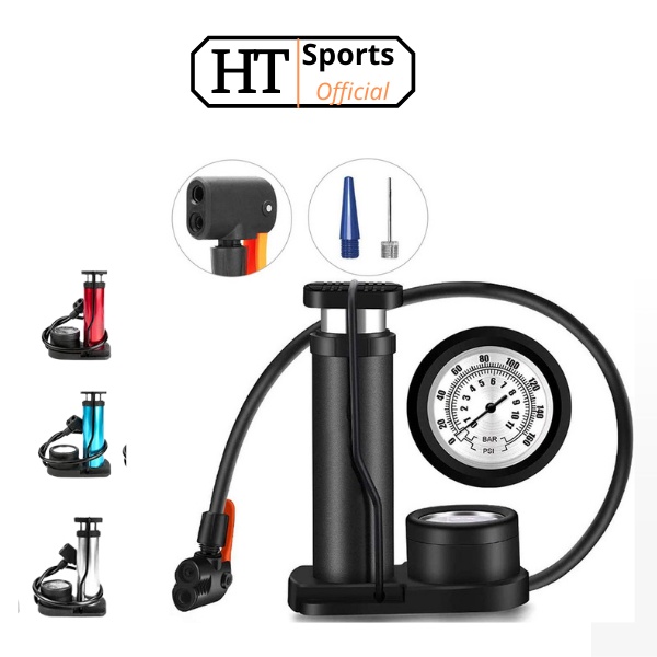 Bơm hợp kim nhôm loại đạp chân dùng cho xe đạp, xe máy, ô tô, có đồng hồ báo áp suất HT Sports