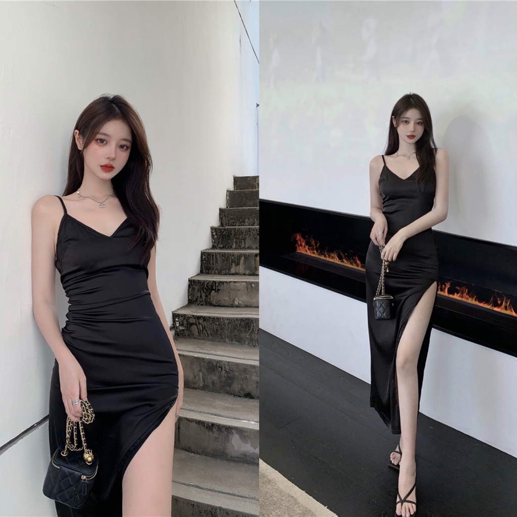Đầm hai dây dáng ôm xẻ tà Emilyshop ulzzang