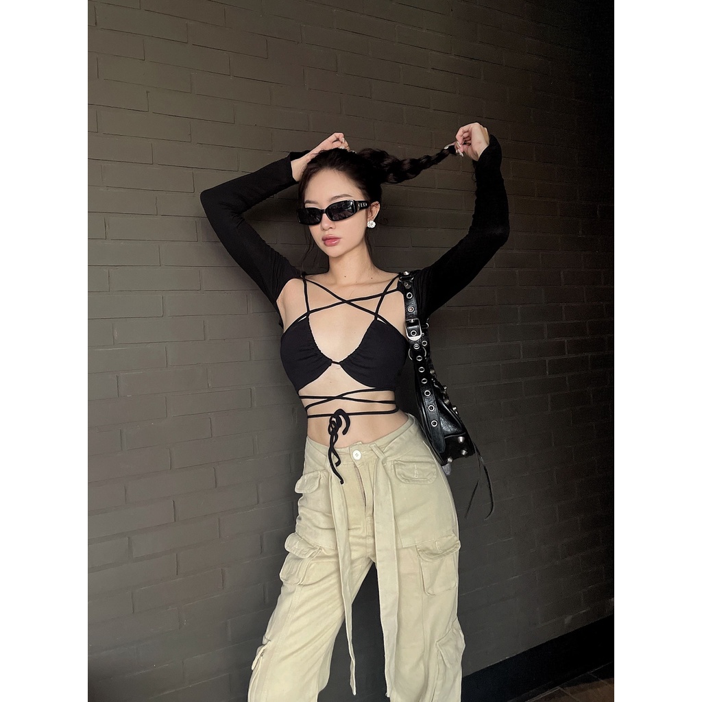 Áo Bra Dây Quấn Tay Dài LSEOUL A2556 Chất Thun Co Dãn Năng Động Hiphop Gợi Cảm