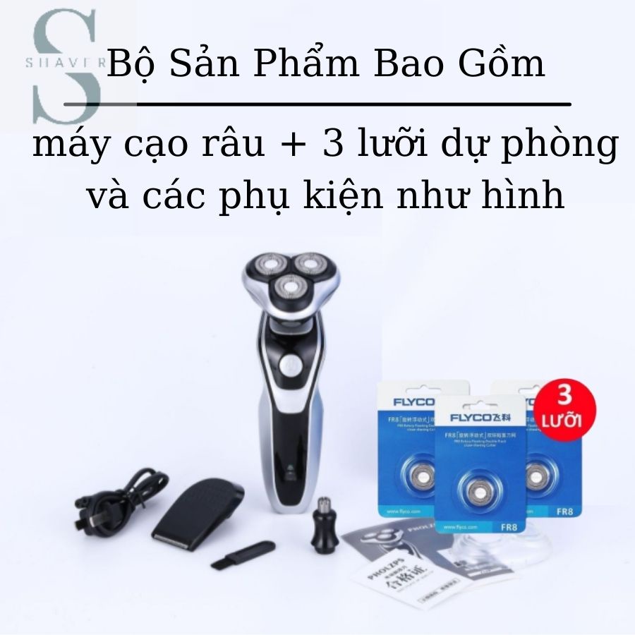 Combo máy cạo râu đa năng SHAVER SK1588 và 3 lưỡi dự phòng FLYCO R8, cạo cực khoẻ, pin cực bền, không đau rát