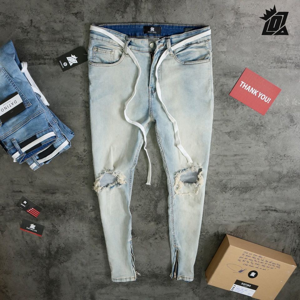 Quần jean nam Streetwear DATINO rách gối form Skinny co giãn ống khóa Zipper, bền màu