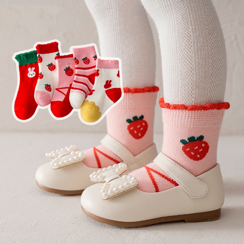 Set 5 Đôi Vớ Cotton Thoải Mái Chất Lượng Cao In Họa Tiết Thỏ / Dâu Hoạt Hình Cho Bé Từ 1-12 Tuổi
