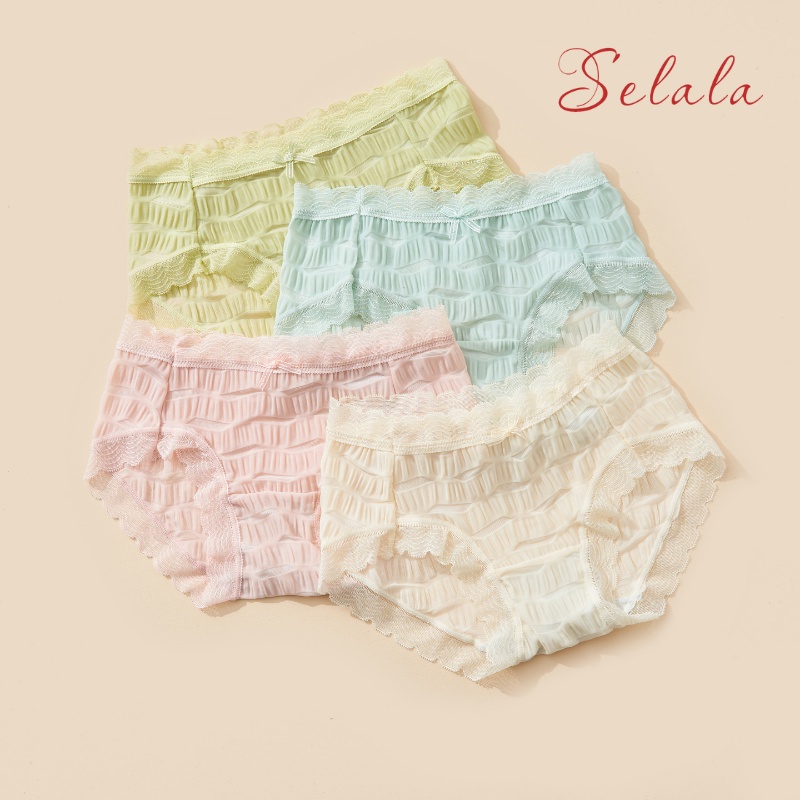 Quần Lót Nữ Selala Ren Nhún Phối Nơ Thông Thoáng Sexy QR15