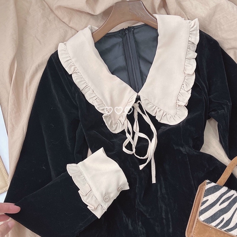 ĐẦM NHUNG ĐEN TD CỔ KEM