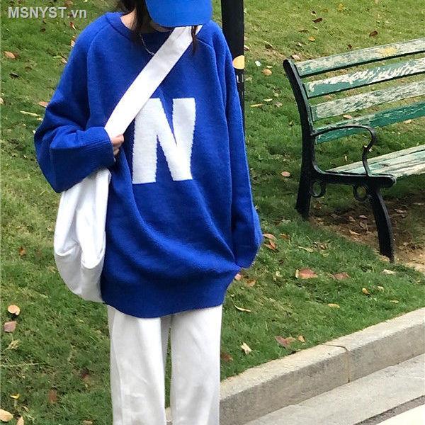 Áo sweater dáng rộng in chữ màu xanh dương thời trang thu đông phong cách Hàn Quốc mới cho nữ
 | BigBuy360 - bigbuy360.vn